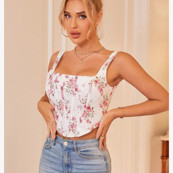 KUTUMAI Women's Summer Floral Corset Crop Top Strap Boned Bustier Zip Back - Picture 4 of 10